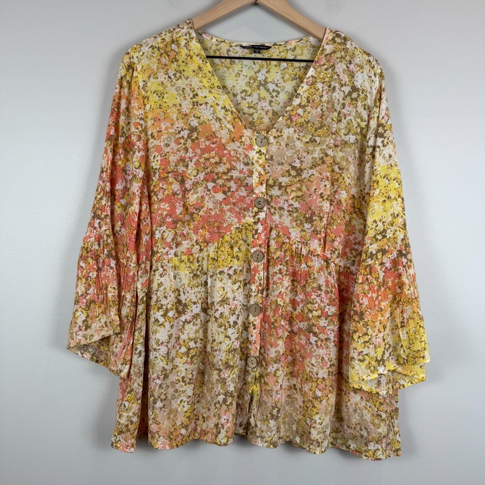 Unique Spectrum Top Women's 2X Multicolor Floral Ball Sleeve V-Neck Blouse Bloom